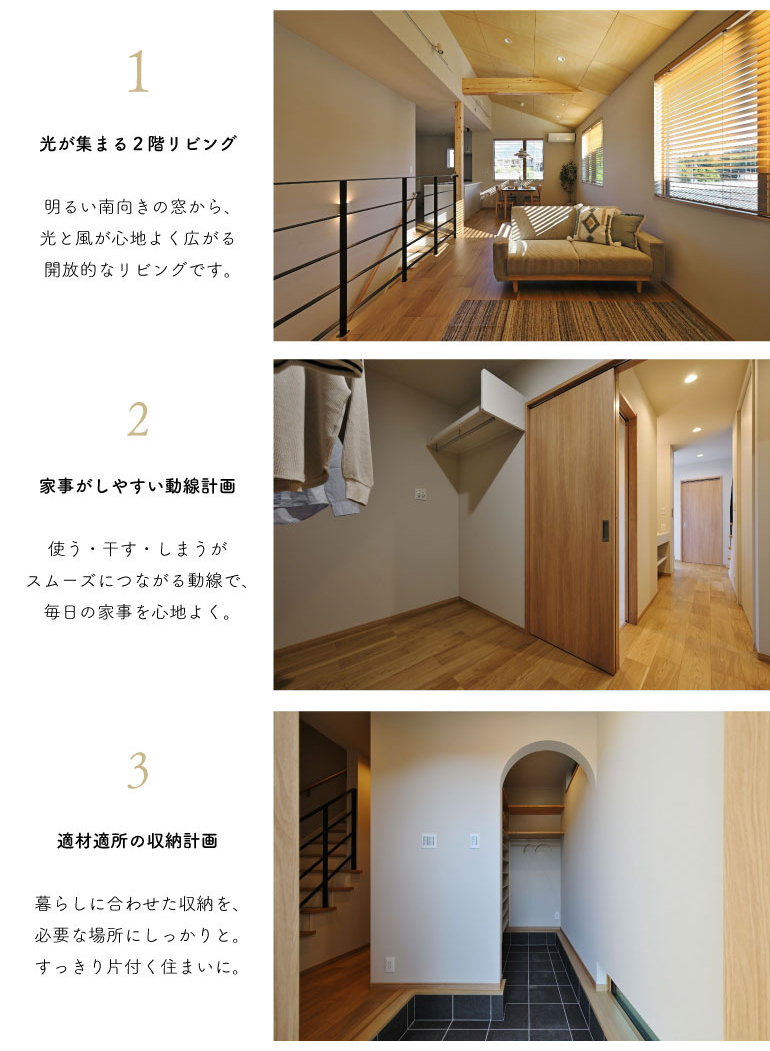 1光の集まる２階リビング　2家事がしやすい動線計画　3適材適所の収納計画